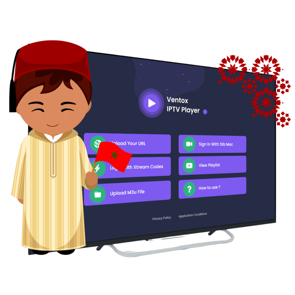Un garçon marocain tenant un drapeau du Maroc à côté d’un écran affichant l’interface utilisateur de Ventox IPTV Player, montrant des options telles que l’ajout de fichiers M3U et les codes Xtream.